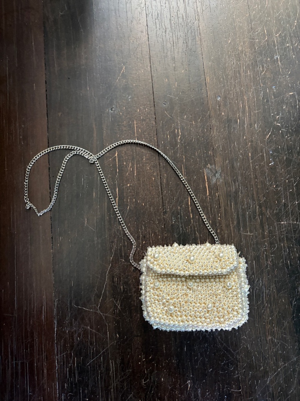 Anthropologie Bridal Pearl-Embellished Cream Crossbody with Silver Chain